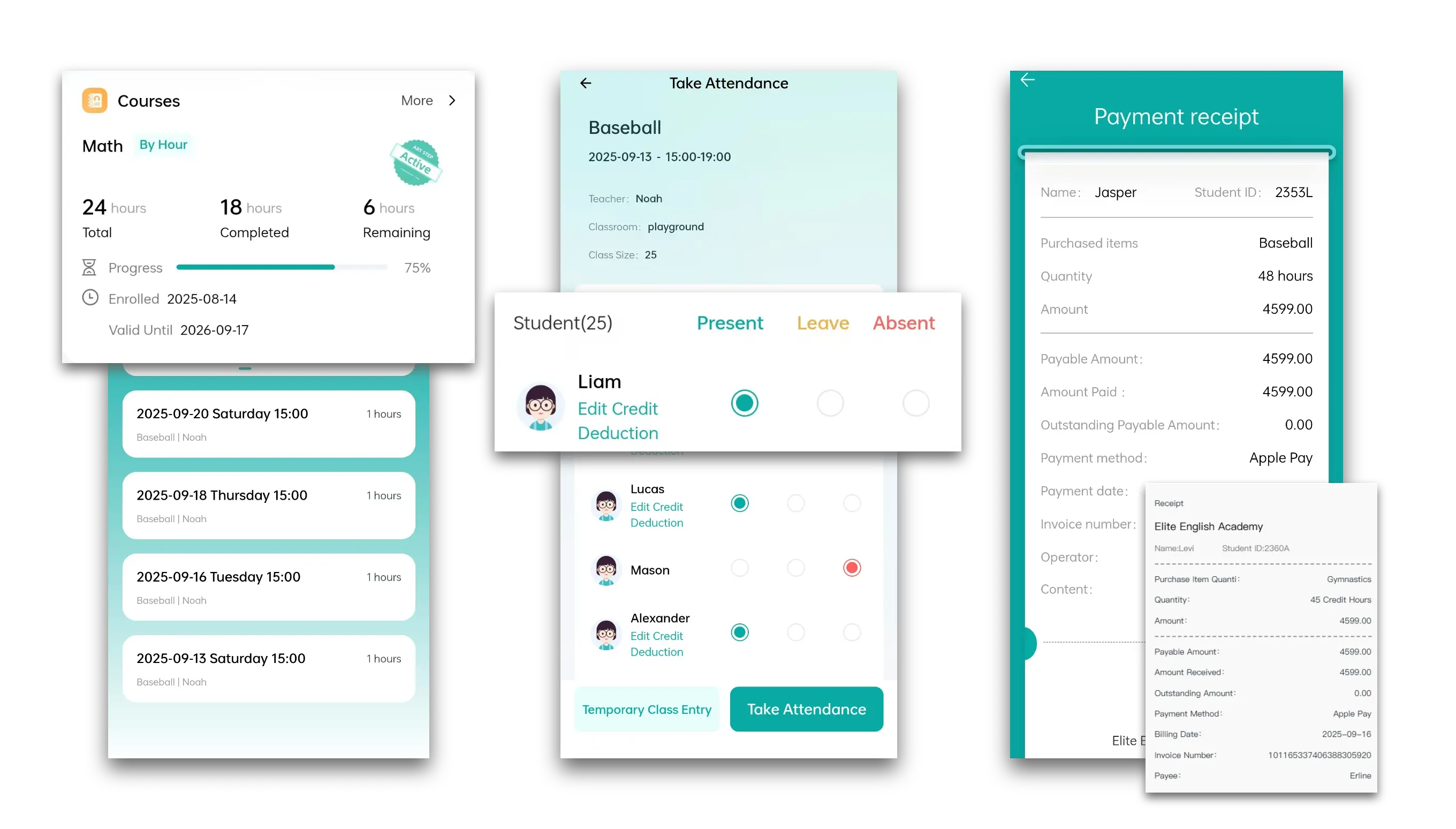 Artstep's parent interface displaying billing details and student attendance records.
